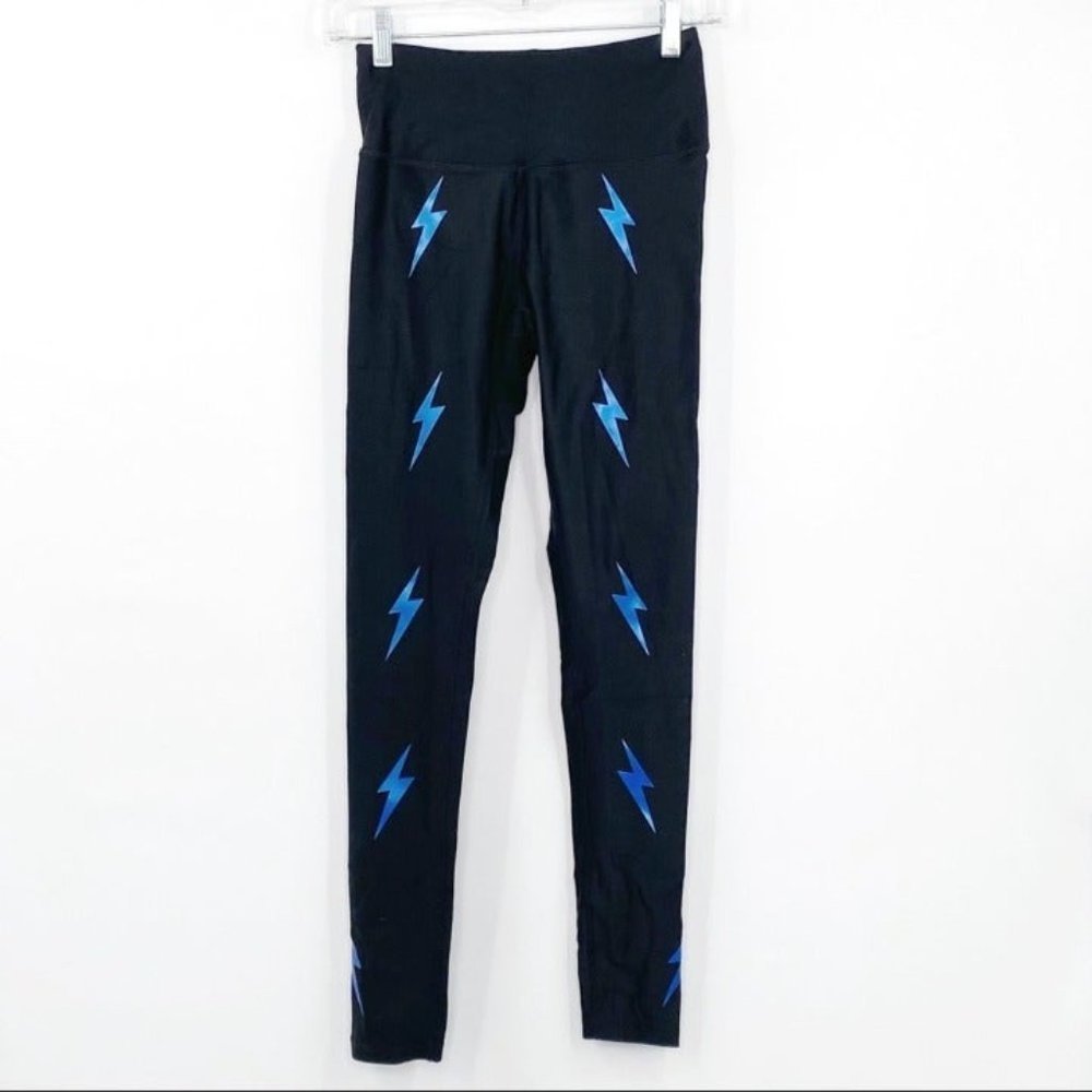 Electric Yoga Leggings 'Layla' Bolt Print Black w Blue Foil Metallic Sz XS